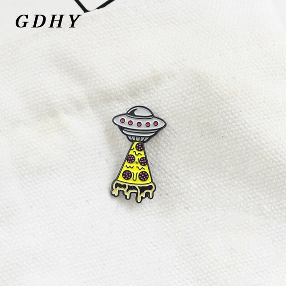 GDHY UFO Space Ship Yellow Pizza Brooch Enamel Pin Mysterious Space Universe Outer Spaceship Lapel Pins  Astronomy Lover Gift