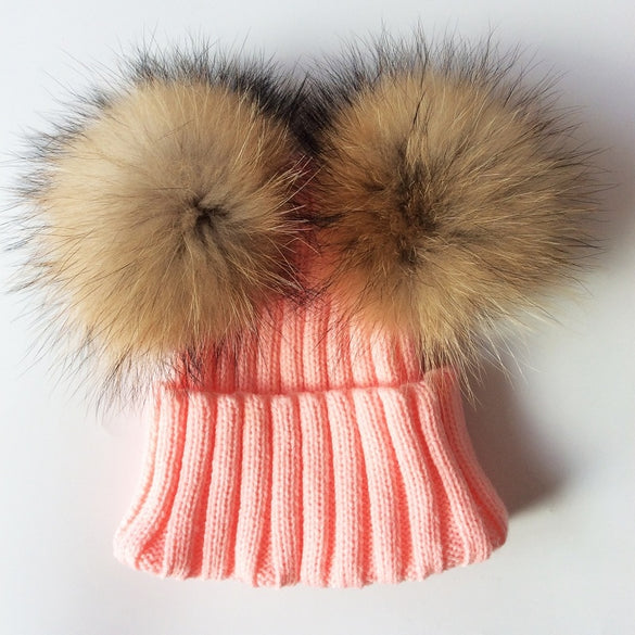 Baby Hat Crochet Double Natural Raccoon Pompom Hat For Girls Winter Baby Girls Caps Real Fur High Quality Fashion Kids Caps