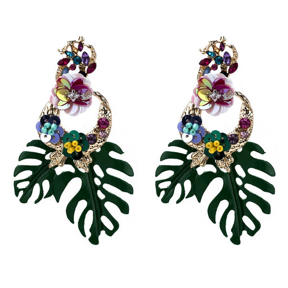 Exaggerated Big Monstera Pattern Drop Earrings for Female Shiny Rhinestone Flower Beads Party Ear Accessories ET295