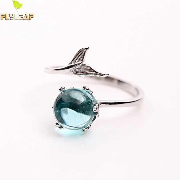 Flyleaf Brand 100% 925 Sterling Silver Blue Crystal Mermaid Bubble Open Rings For Women Creative Fashion Jewelry