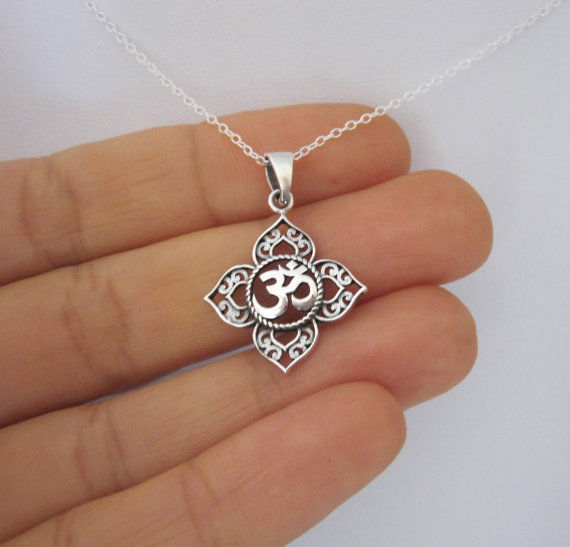 1Pcs Filigree OHM OM AUM Buddha Lotus silver pendant necklace, Buddhist, yoga necklace