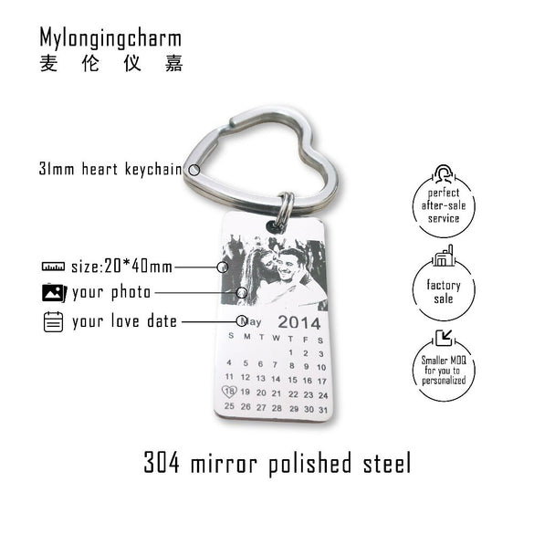 1 pc personalized photo calendar keychain love date gift stainless steel souvenir   keychain Tag 20mm X 40mm