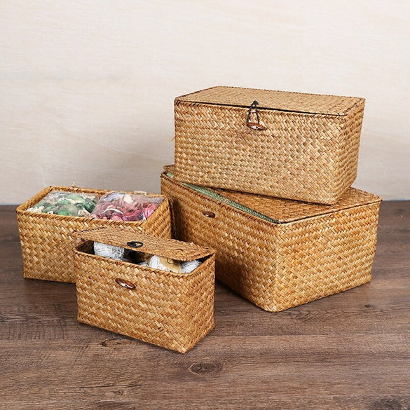 Manual Woven Storage Basket Lid Debris Consolidation Storage Box Storage Basket Sorting Box Jewelry Box H