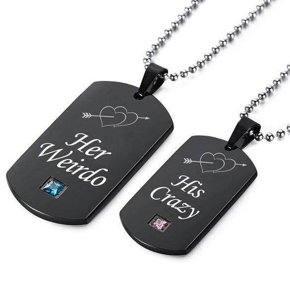 Uloveido Black Necklaces & Pendants Her Weirdo and His Crazy Couple Necklace Pendant Stainless Steel Jewelry Medallion SN139 (one pair pendants)