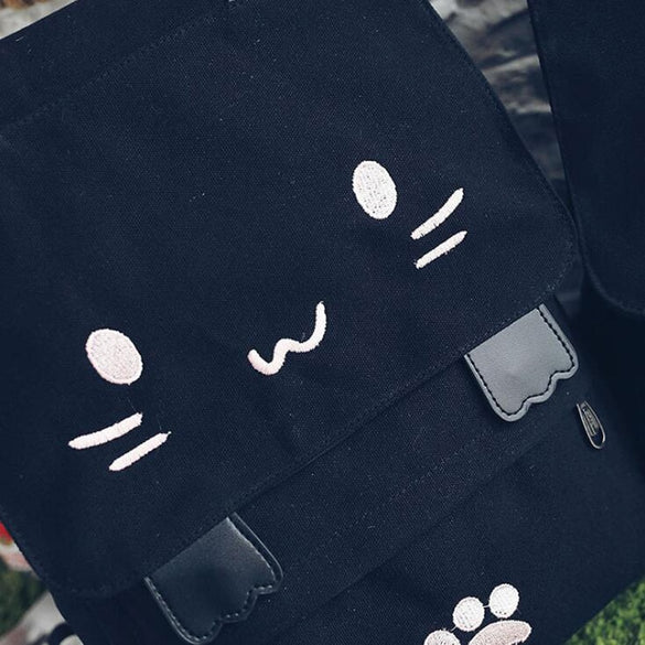 2020 Cute Cat Canvas Backpack Cartoon Embroidery Backpacks For Teenage Girls School Bag Casual Black Printing Rucksack mochilas