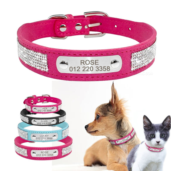 Soft Rhinestone Engraved Dog Collar For Small Medium Dogs Custom Suede Leather Chihuahua Puppy Cat Pet Collars With Phone ID Tag