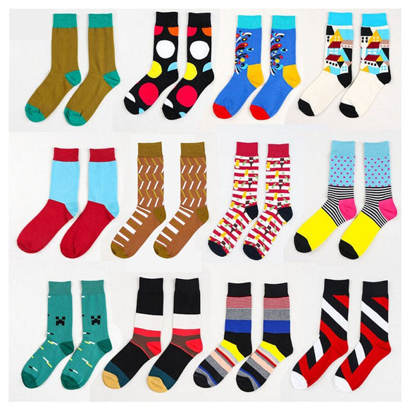 2018 Summer Fashion Mens Cotton Socks Colorful Striped Jacquard Art Socks Hit Color Dot Long Wedding Socks Men's Dress Sock