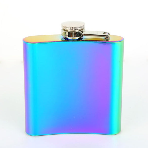 Portable 6oz Hip Flask Gold Plated Gradient Color Rainbow Colored Stainless Steel Flask Screw Cap Whiskey Wine Bottle