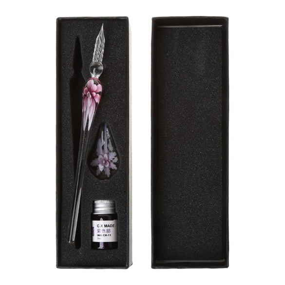 Vintage Handmade Art Elegant Crystal Floral Glass Dip Pen Sign Ink Pens Gift