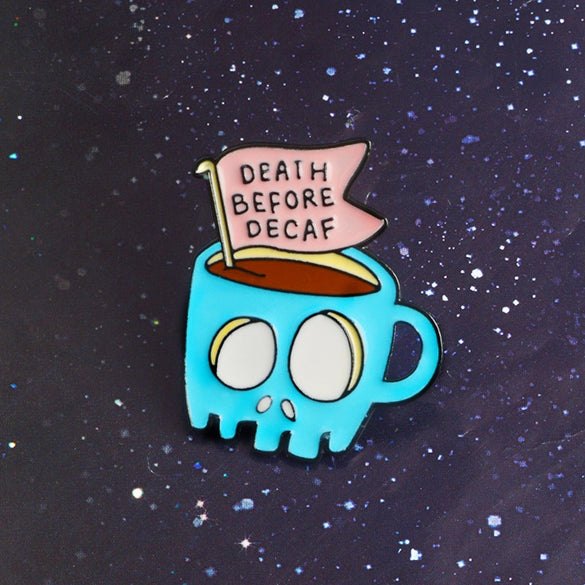 Coffee Shop Halloween Souvenir Gift For Friends Blue Skull Skeleton Coffee Tea Cup DEATH BEFORE DECAF Enamel Brooches Lapel Pins