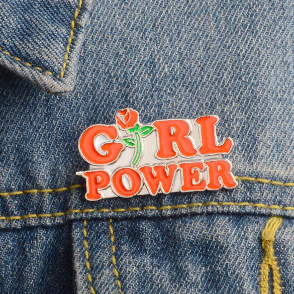 Girl Power Pin Red Letter Rose Badge Women up Feminism Brooch Inspirational Women Brooch Pin Bag Hat Clothes Collar Pin Jewelry