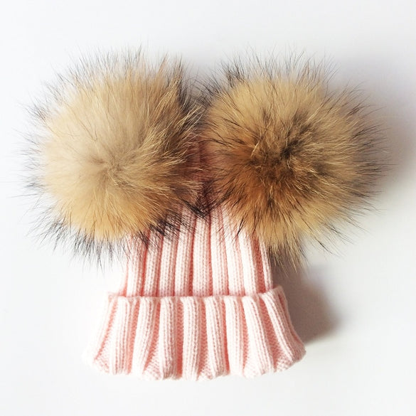Baby Hat Crochet Double Natural Raccoon Pompom Hat For Girls Winter Baby Girls Caps Real Fur High Quality Fashion Kids Caps