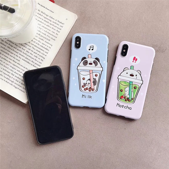 Cute milk tea bear phone case for iphone 11 11Pro XS MAX SE 2020 XR X 7 8 Plus case Cartoon glossy IMD soft back cover case capa