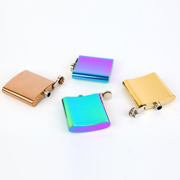 Portable 6oz Hip Flask Gold Plated Gradient Color Rainbow Colored Stainless Steel Flask Screw Cap Whiskey Wine Bottle