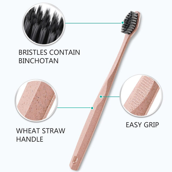 KINEPIN 3pcs Eco Friendly Wheat Straw Toothbrush Tooth Cleaning Soft Slim Tip Binchotan Charcoal Bristle Brush Adult Teeth Brush