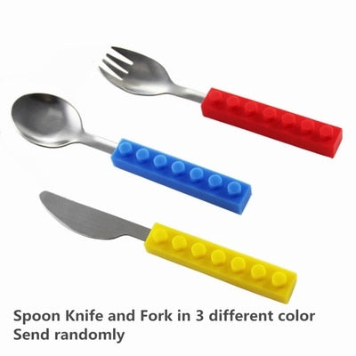 3PCS Creative bricks silicone stainless steel Portable Travel Kids Adult Cutlery Fork Picnic Set Gift for CHild Dinnerware (3 different Color)