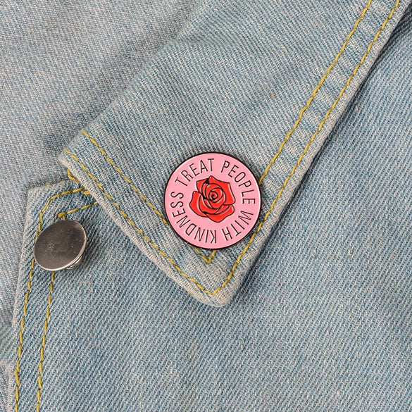 Harry Styles ! Cute Pink Rose Treat People With Kindness Tender Round Enamel Badge Lapel Brooch Pin