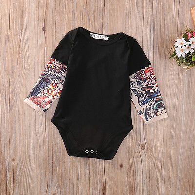 Cute Toddler Newborn Infant Baby Boy Tattoos Jumpsuit Fashion Baby Boy Black Bodysuit Kids Gray Clothes Outfits