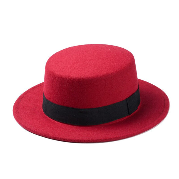 Fashion Wool Boater Flat Top Hat For Men's Felt Wide Brim Fedora Hat Gentleman Prok Pie Chapeu de Feltro Bowler Gambler Top Hat