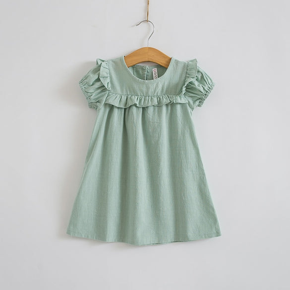 2019 New Summer Kids Clothing Baby Girls Puff Sleeve Dress Solid Green Quality Cotton Linen Casual Children Ruffles Dress