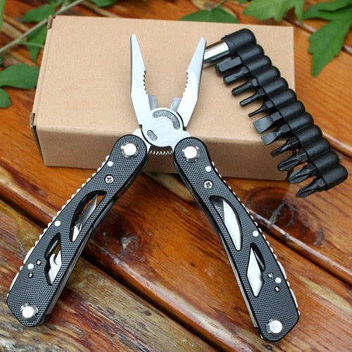Multifunctional Folding Plier EDC Multitool Pocket Tools Pliers Scredriver Bits Outdoor Survival Combination Multi Camping Knife (Model A Black)
