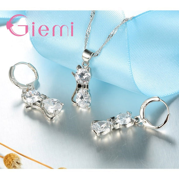 Genuine Top Highly 925 Sterling Silver Clear Cubic Zirconia Cat Pendant Necklace+ Earrings Hot Crystal Jewelry For Women