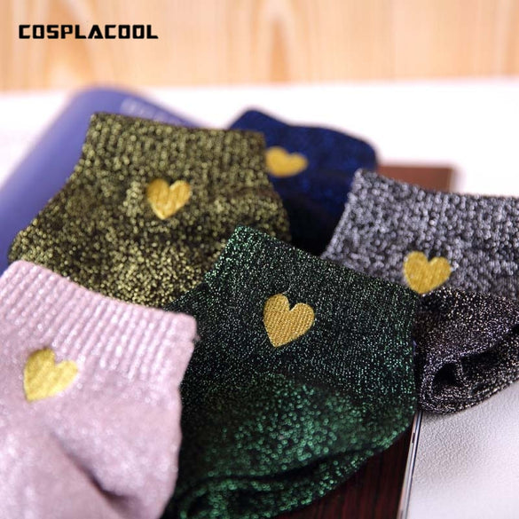 [COSPLACOOL]Embroidery Heart Love Glitter Socks Women Fashionable Silver Gold Silk Colorful Shining Sox Shiny Calcetines Mujer
