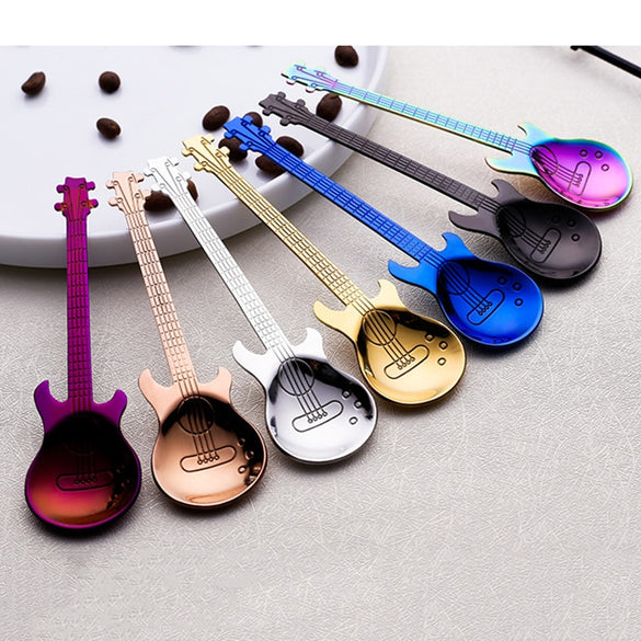 1pcs Stainless Steel Guitar Shaped Love Coffee Spoon Teaspoon Children Spoon New Beautiful 7 Colors Coffee Tea Use
