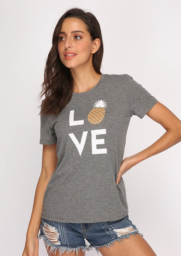 Plus Size Summer Women T-Shirt Tops Love Pineapple Print Gray Top O-Neck Short Sleeve Casual T shirt Female Tee Ladies 3XL