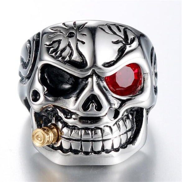 Gold Smoking Pipe Biker Men's Rings Rock Punk Skull Ring Titanium Steel Clear Zircon Eye Plating Rings Men Jewelry
