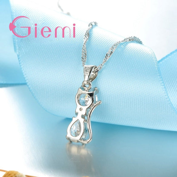 Genuine Top Highly 925 Sterling Silver Clear Cubic Zirconia Cat Pendant Necklace+ Earrings Hot Crystal Jewelry For Women
