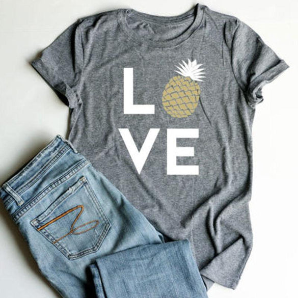 Plus Size Summer Women T-Shirt Tops Love Pineapple Print Gray Top O-Neck Short Sleeve Casual T shirt Female Tee Ladies 3XL