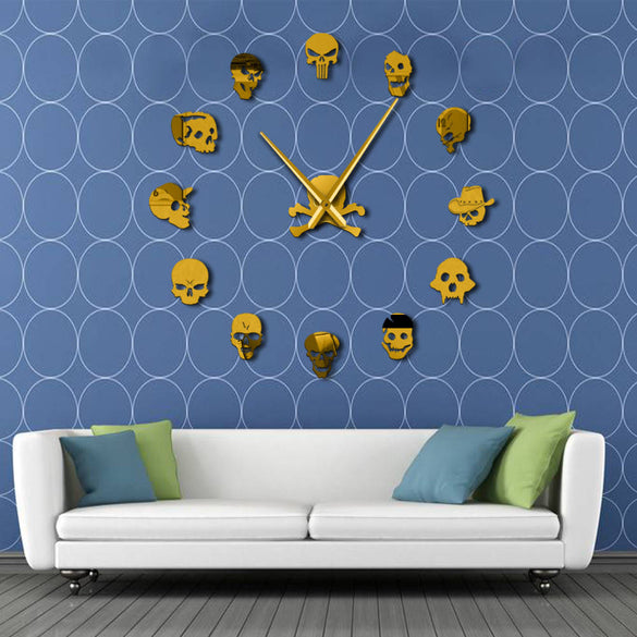 Different Skull Heads DIY Horror Wall Art Giant Wall Clock Big Needle Frameless Zombie Heads Large Wall Watch Halloween Decor