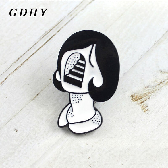 GDHY Black White Girl Brooch No Face Girl Space Stairs Enamel Pins For Women Cute Packback Clothes Icon Badge Jewelry Gifts