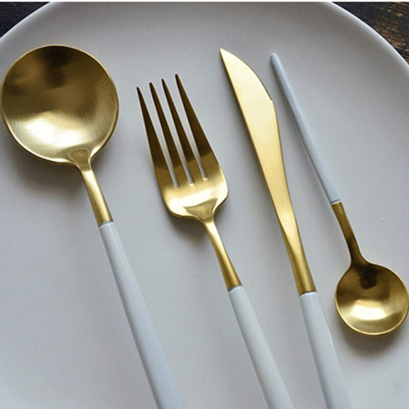 Hot Sale 4 Pcs/set White Gold european knife Dinnerware 304 Stainless Steel Western Cutlery Set Kitchen Food Tableware Dinner