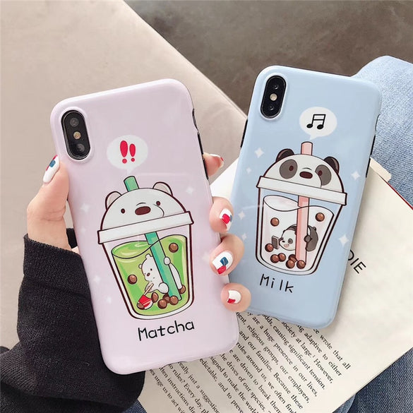 Cute milk tea bear phone case for iphone 11 11Pro XS MAX SE 2020 XR X 7 8 Plus case Cartoon glossy IMD soft back cover case capa