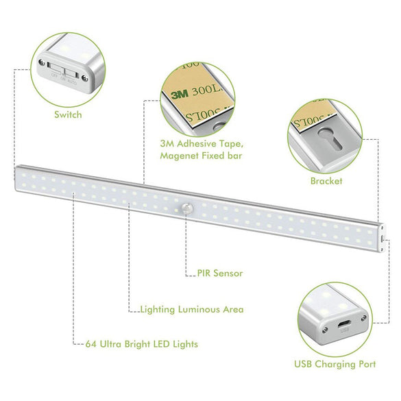 20/36/64LEDs USB Rechargeable LED Under Cabinet Light PIR Motion Sensor Cabinet Closet Night Light for Wardrobe Cupboard Kitchen