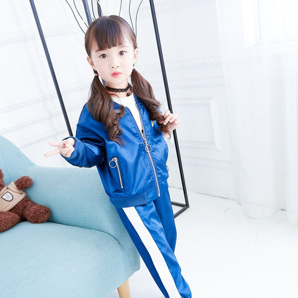 2019 Autumn Fashioh Children's Clothing Sets Girls Letter Zipper Jacket + Pants 2 pcs Suit Kids Glossy Sportswear Clothes Set