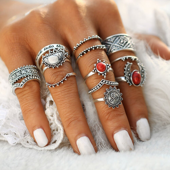 IF ME Vintage Bohemian Midi Finger Rings Set for Women Moon Sun Ethnic Red Natural Stone Knuckle Rings Jewelry Gift 14pcs/set