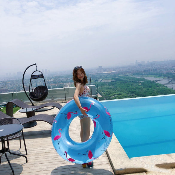 120cm Floral Print Swimming Circle Inflatable Flamingo Swimming Ring Transparent Blue Inflatable Donut Lifebuoy Floating Island
