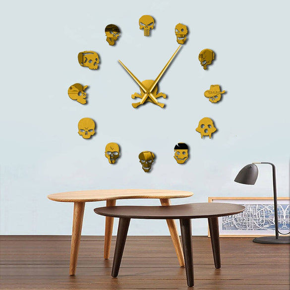 Different Skull Heads DIY Horror Wall Art Giant Wall Clock Big Needle Frameless Zombie Heads Large Wall Watch Halloween Decor