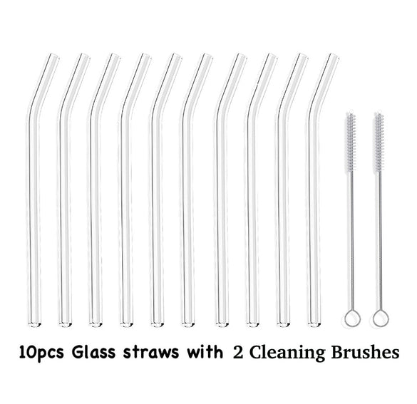 10PCS Glass Straws Clear Bent 20cm" x 8 mm  - Perfect Reusable Straw For Smoothies, Tea, Juice --10 Pack With Cleaning Brush