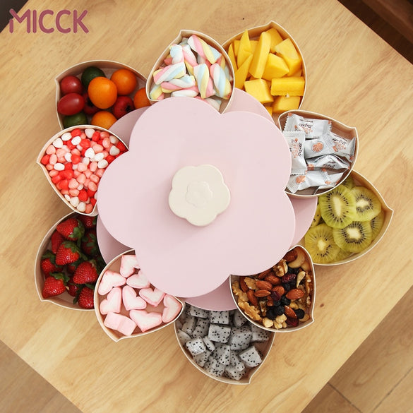 MICCK Petal-Shape Rotating Snack Box Candy Tray Food Storage Box Wedding Candy Plates Double-deck Dried Fruit Organizer Storage