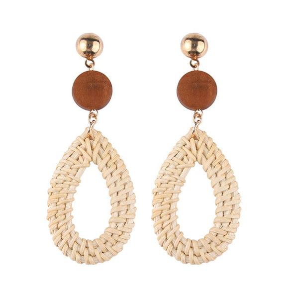 Best lady Handmade Drop Earrings For Women Wooden Straw Weave Rattan Earrings Big Round Sector Wedding Trendy Dangle Jewelry