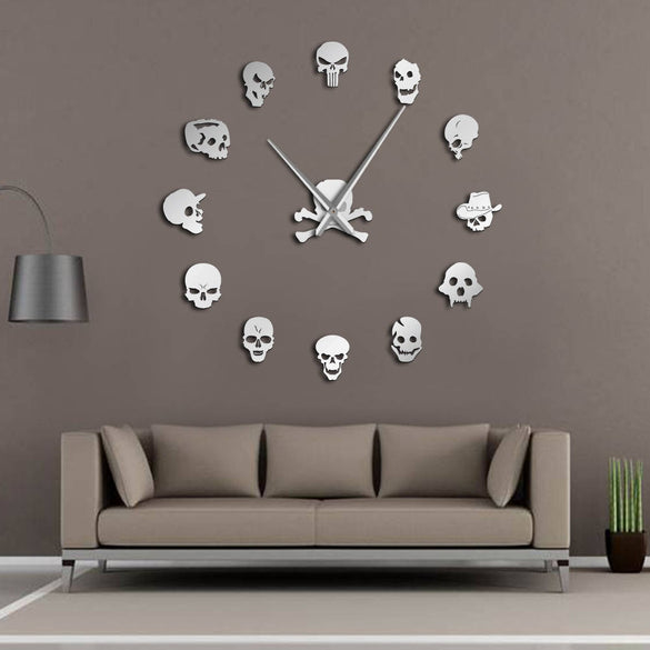 Different Skull Heads DIY Horror Wall Art Giant Wall Clock Big Needle Frameless Zombie Heads Large Wall Watch Halloween Decor