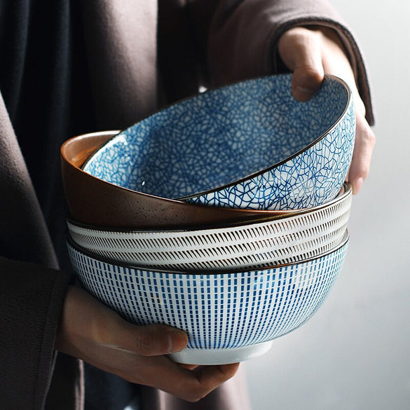 KINGLANG Japanese Classical Ceramic Bowls Tableware Kitchen Soup Noodle Rice Bowl Big Ramen Bowl  Spoon and Teacup