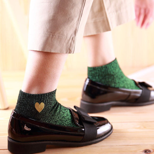 [COSPLACOOL]Embroidery Heart Love Glitter Socks Women Fashionable Silver Gold Silk Colorful Shining Sox Shiny Calcetines Mujer