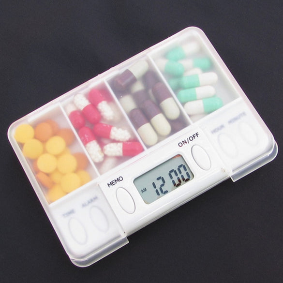 4 Grid pill box medicine Storage Box Electronic Timing Reminder Medicine Boxes Alarm Timer Pills Organizer Pill Drug Container (WHITE)