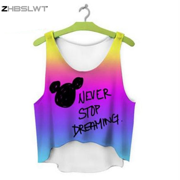 ZHBSLWT multicolor T-Shirts 3D Print women tank tops & camis printed sleeveless vest girls summer short crop tops irregular