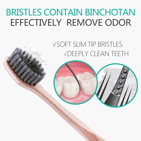 KINEPIN 3pcs Eco Friendly Wheat Straw Toothbrush Tooth Cleaning Soft Slim Tip Binchotan Charcoal Bristle Brush Adult Teeth Brush
